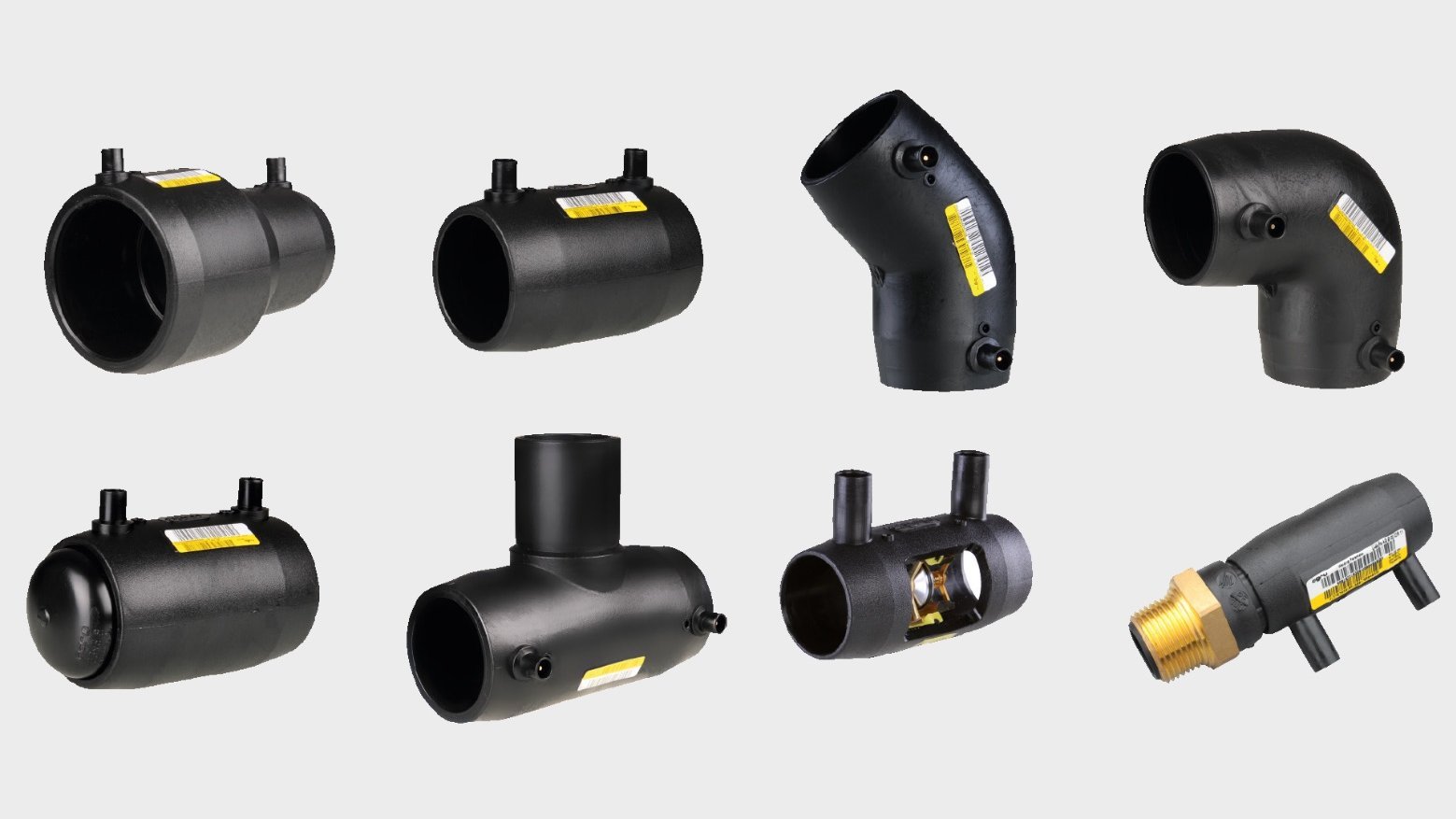 Reducer, Injection-moulded coupler, Elbow 45°, Elbow 90°, End cap, Tee, Gas flow guard, Adaptor fittings