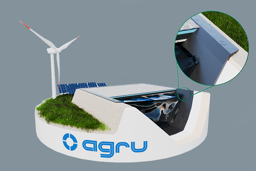3D-Darstellung eines begrünten Modells mit Windrad, Solarmodulen und einem Querschnitt mit schwarzer Folie.